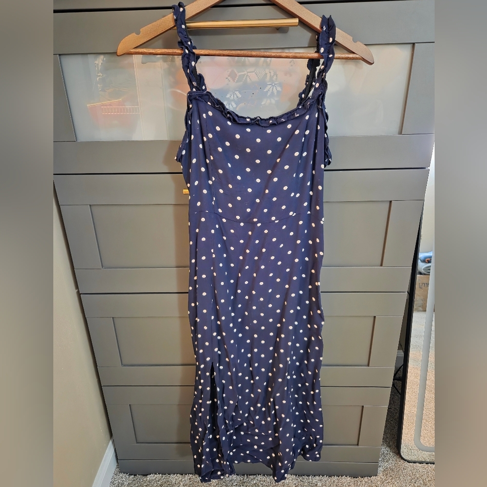 Mi Ami Dark Blue Polka Dot Dress With Open Slit